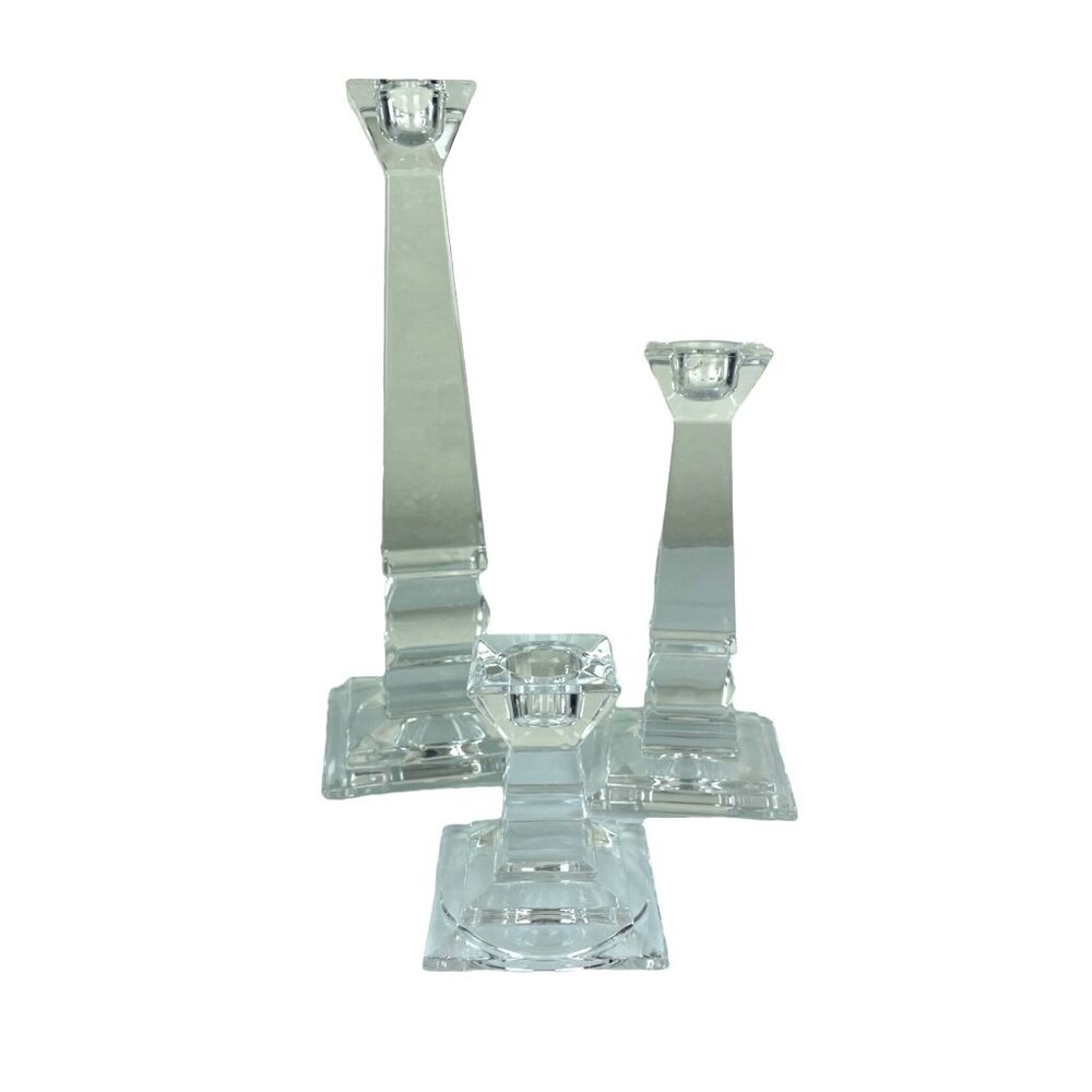 Set of 3 Clear Glass Art Candlesticks, Square Base, Contemporary Home Decor